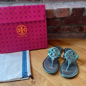 Tory Burch Teal Aqua Metallic Snake Embossed Miller Sandals